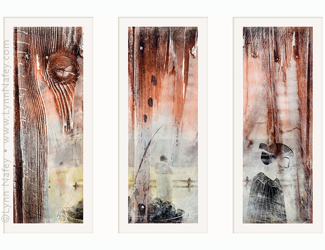 Full view of triptych: "Apples For Sale", a pigment transfer print by Lynn Nafey