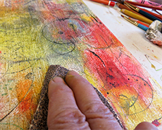 Mixed media artwork in progress by Lynn Nafey